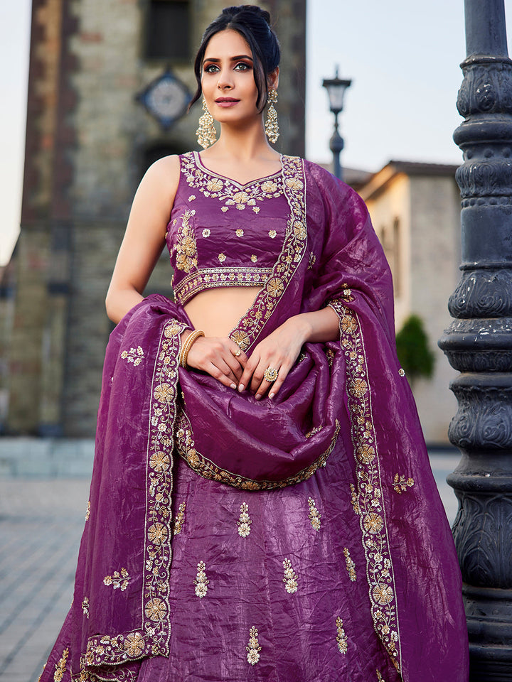 BURGUNDY - Tissue Fabric Handwork cutdana embroidery Semi-Stitched Lehenga choli & Dupatta - qivii