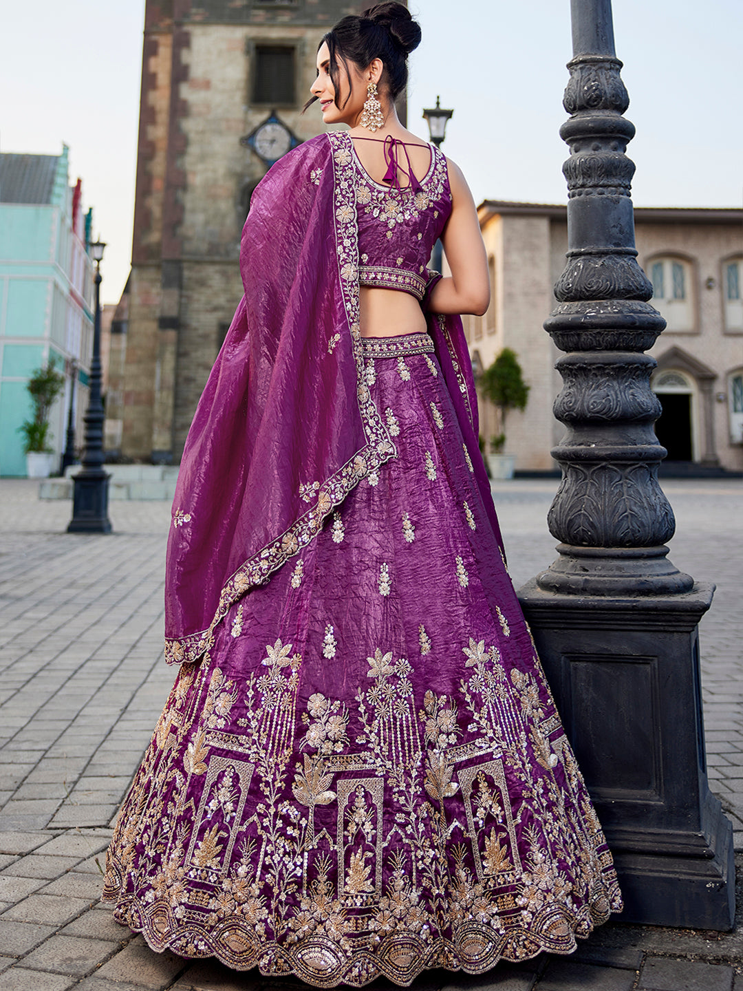 BURGUNDY - Tissue Fabric Handwork cutdana embroidery Semi-Stitched Lehenga choli & Dupatta - qivii