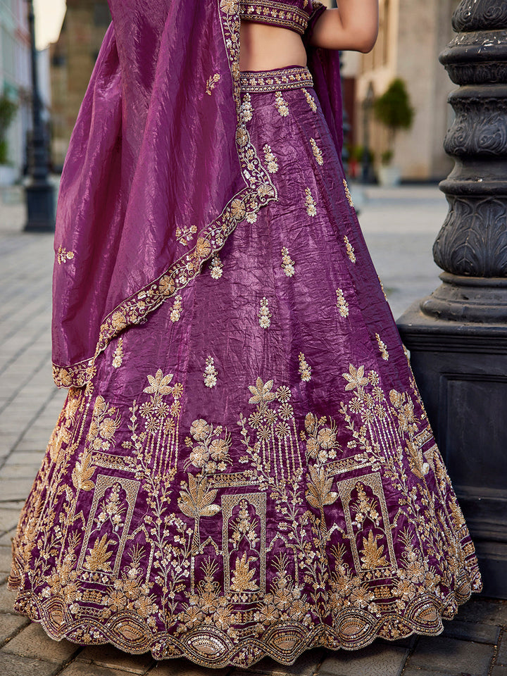 BURGUNDY - Tissue Fabric Handwork cutdana embroidery Semi-Stitched Lehenga choli & Dupatta - qivii