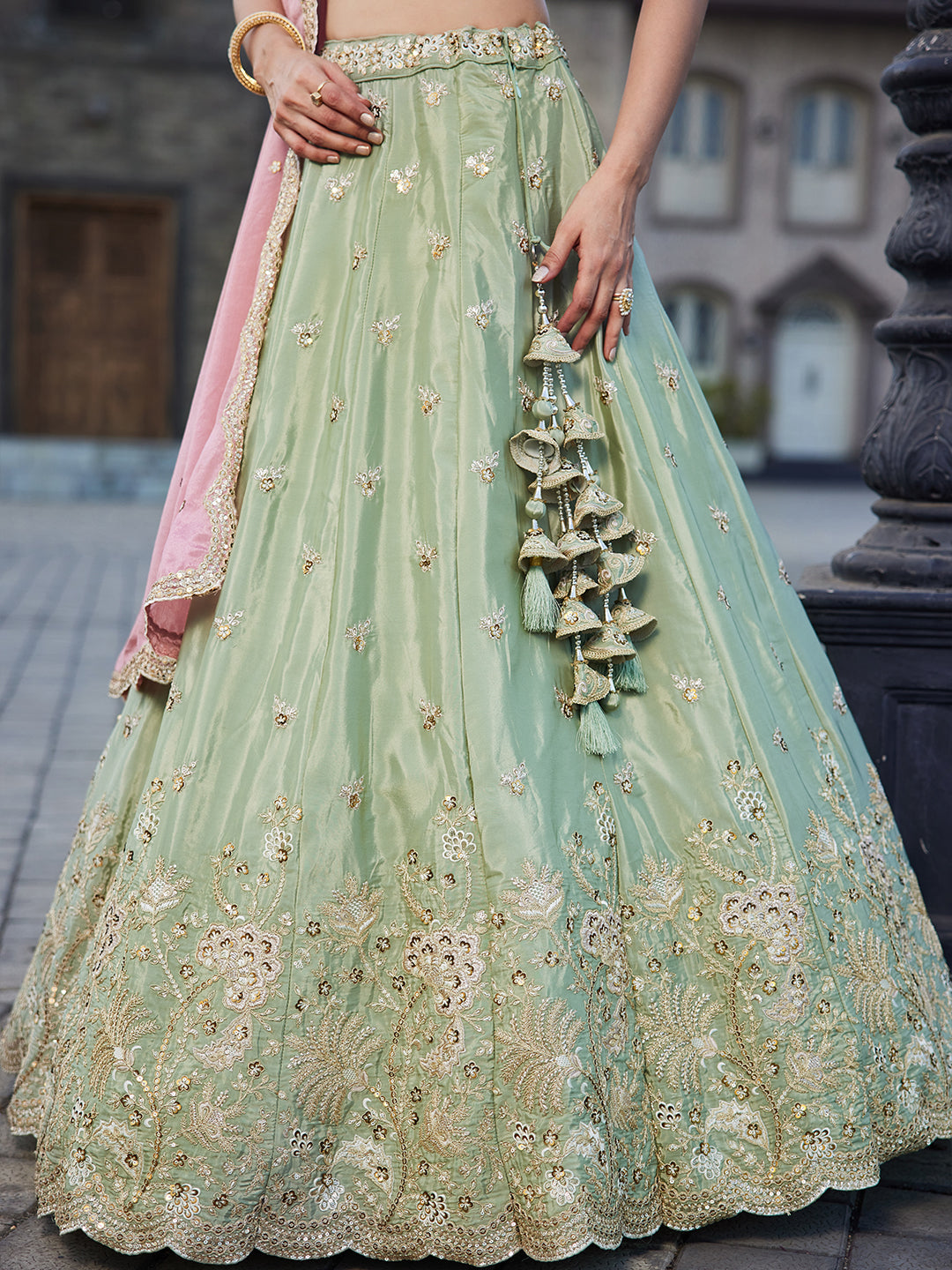 LIMEGREE - Satin Silk Fabric Sequins embroidery Semi-Stitched Lehenga choli & Dupatta - qivii