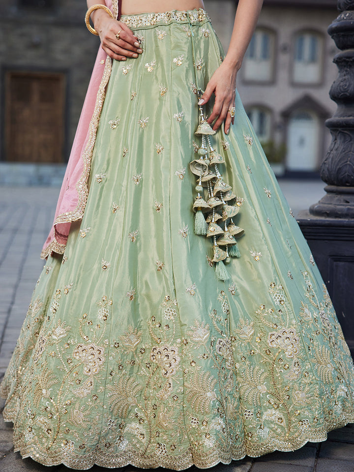 LIMEGREE - Satin Silk Fabric Sequins embroidery Semi-Stitched Lehenga choli & Dupatta - qivii