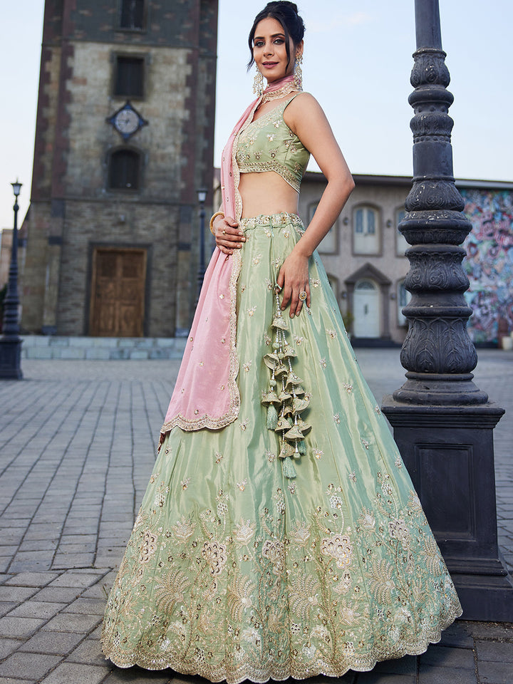 LIMEGREE - Satin Silk Fabric Sequins embroidery Semi-Stitched Lehenga choli & Dupatta - qivii
