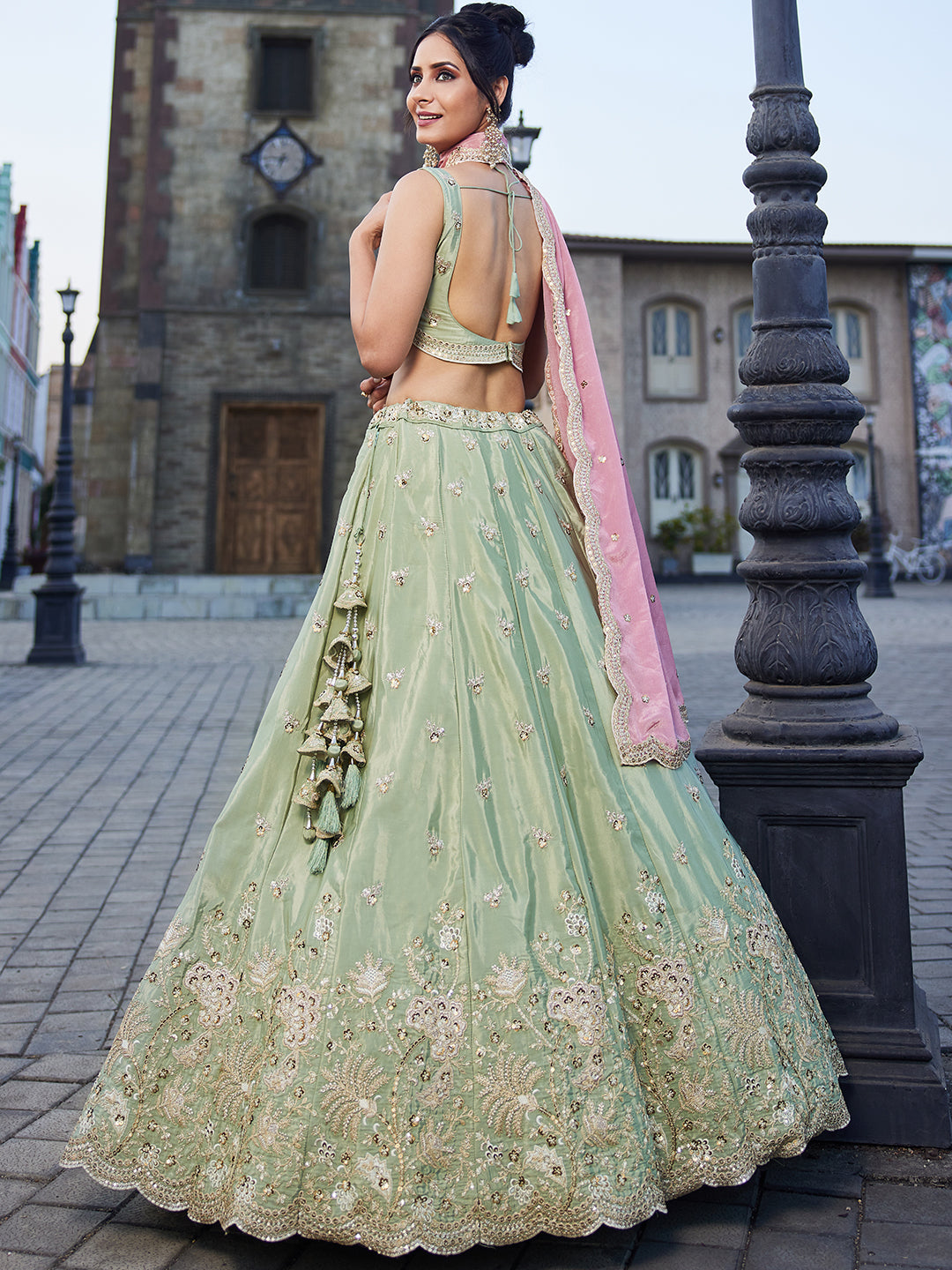 LIMEGREE - Satin Silk Fabric Sequins embroidery Semi-Stitched Lehenga choli & Dupatta - qivii