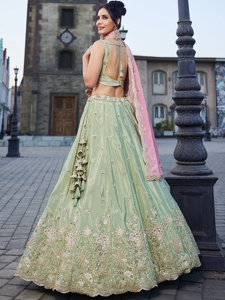 LIMEGREE - Satin Silk Fabric Sequins embroidery Semi-Stitched Lehenga choli & Dupatta - qivii