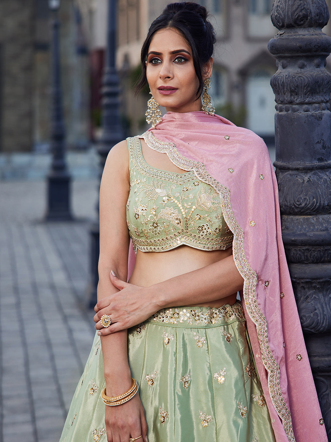 LIMEGREE - Satin Silk Fabric Sequins embroidery Semi-Stitched Lehenga choli & Dupatta - qivii