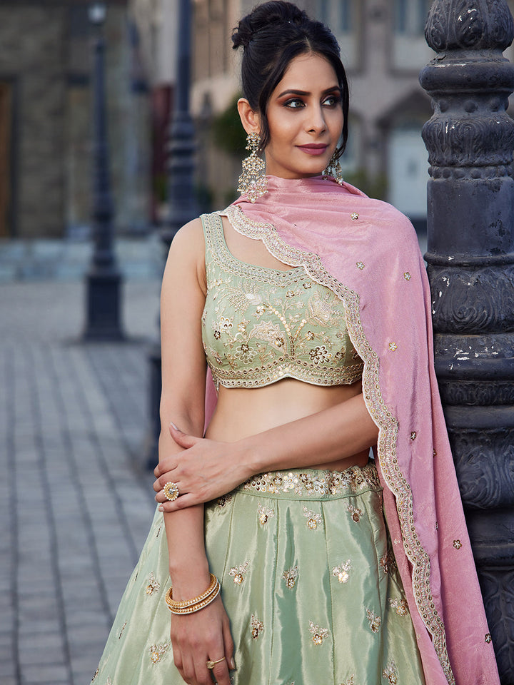 LIMEGREE - Satin Silk Fabric Sequins embroidery Semi-Stitched Lehenga choli & Dupatta - qivii
