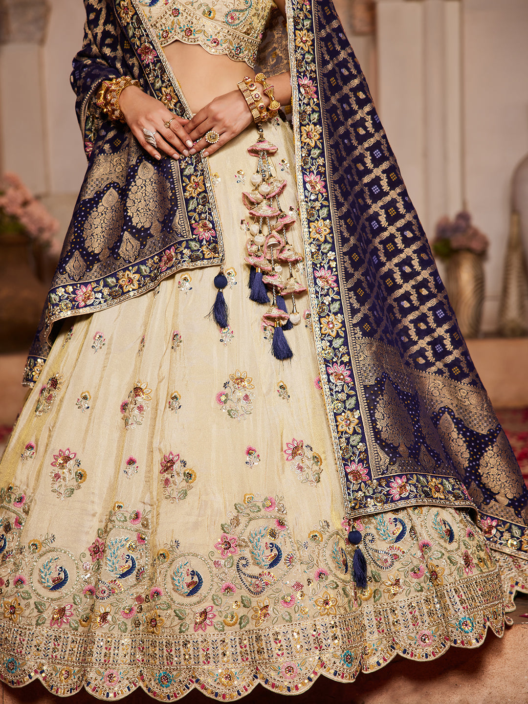 NAVY BLUE - Tissue Fabric Sequinse embroidery Semi-Stitched Lehenga choli & Dupatta - qivii