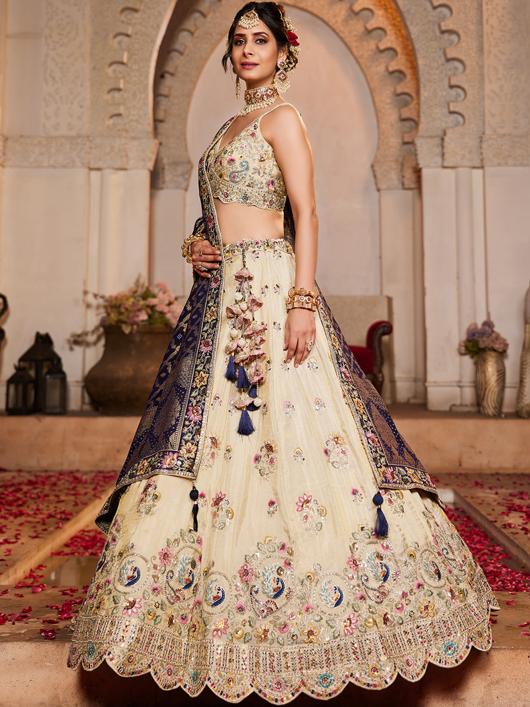 NAVY BLUE - Tissue Fabric Sequinse embroidery Semi-Stitched Lehenga choli & Dupatta - qivii