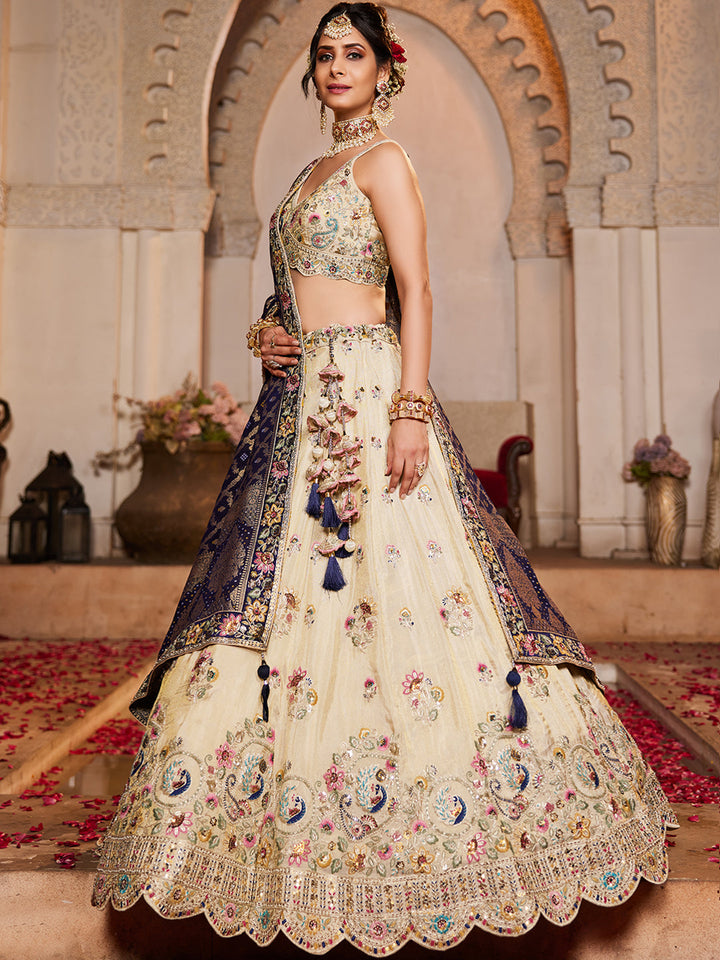 NAVY BLUE - Tissue Fabric Sequinse embroidery Semi-Stitched Lehenga choli & Dupatta - qivii
