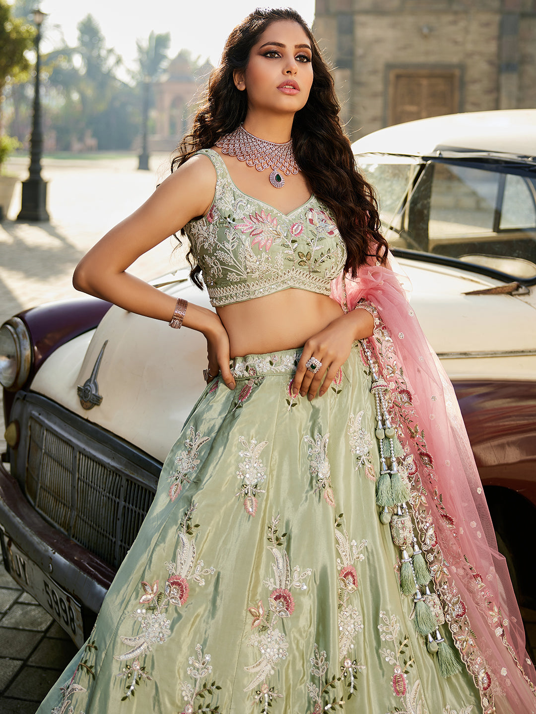 LIMEGREEN - Satin Silk Fabric Sequins embroidery Semi-Stitched Lehenga choli & Dupatta - qivii