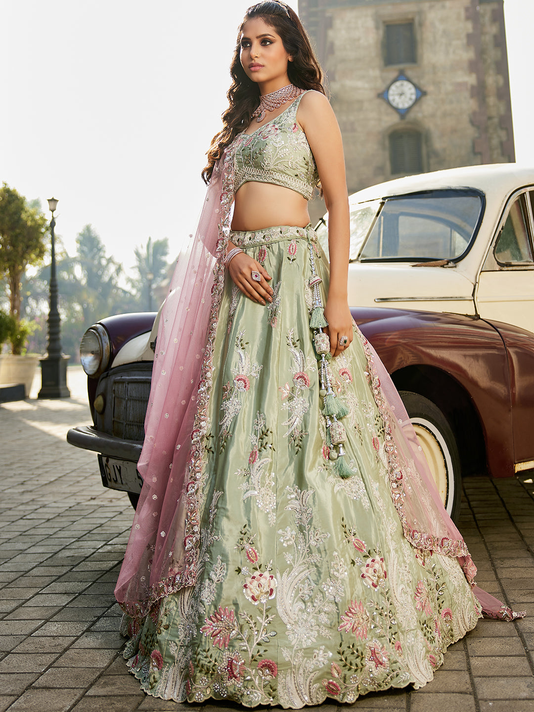 LIMEGREEN - Satin Silk Fabric Sequins embroidery Semi-Stitched Lehenga choli & Dupatta - qivii
