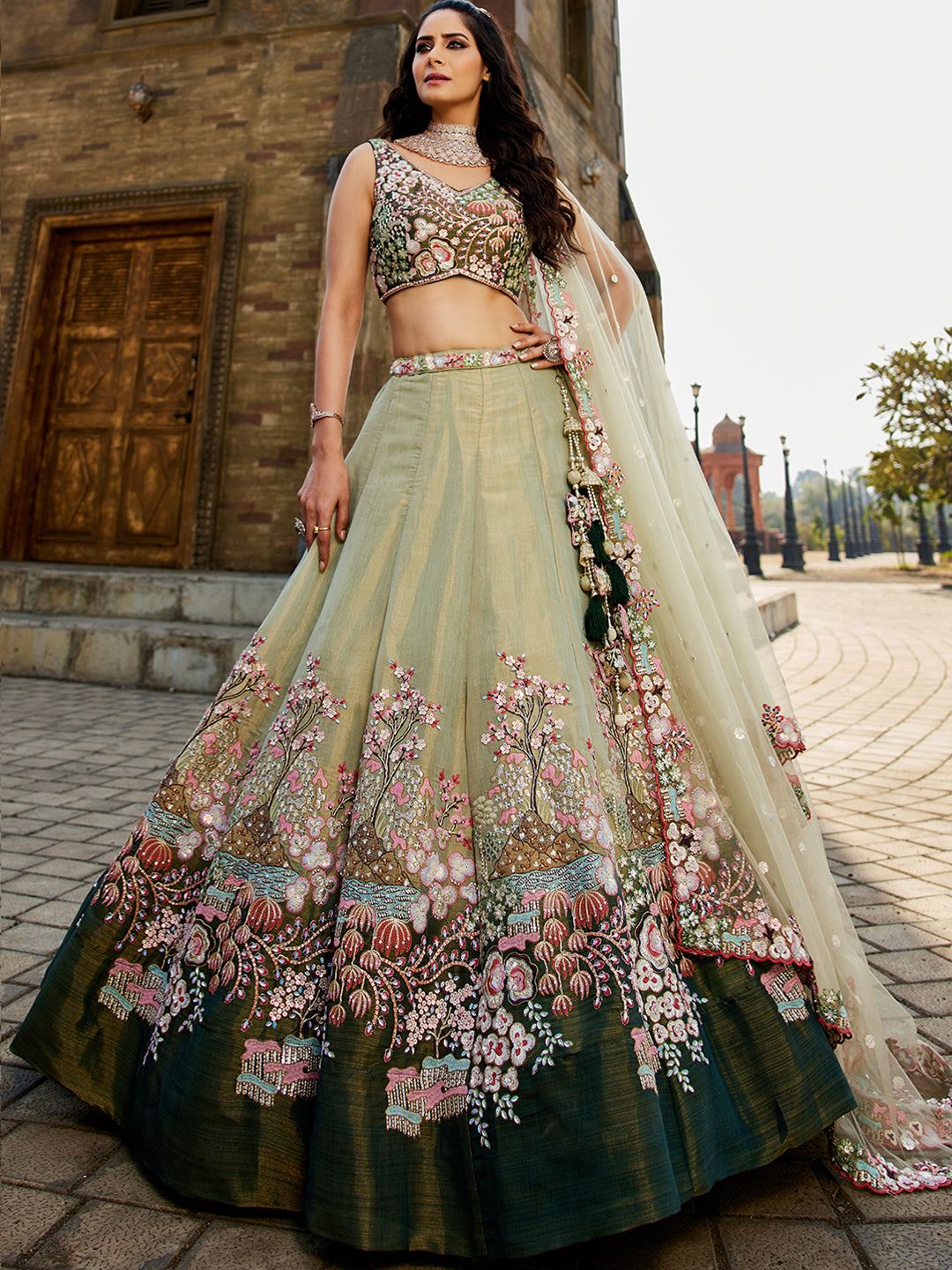 GREEN - Net Sequinse embroidery Semi-Stitched Lehenga choli & Dupatta - qivii