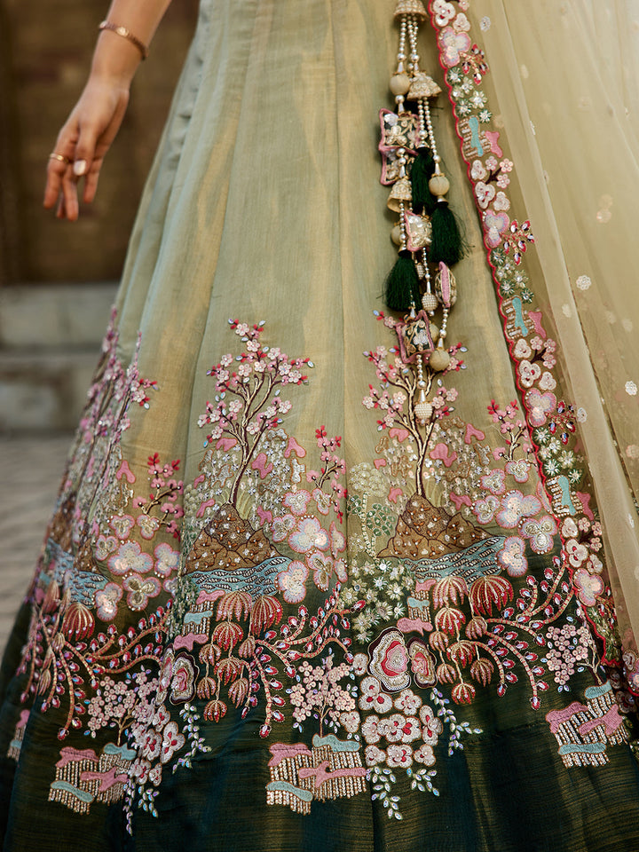 GREEN - Net Sequinse embroidery Semi-Stitched Lehenga choli & Dupatta - qivii