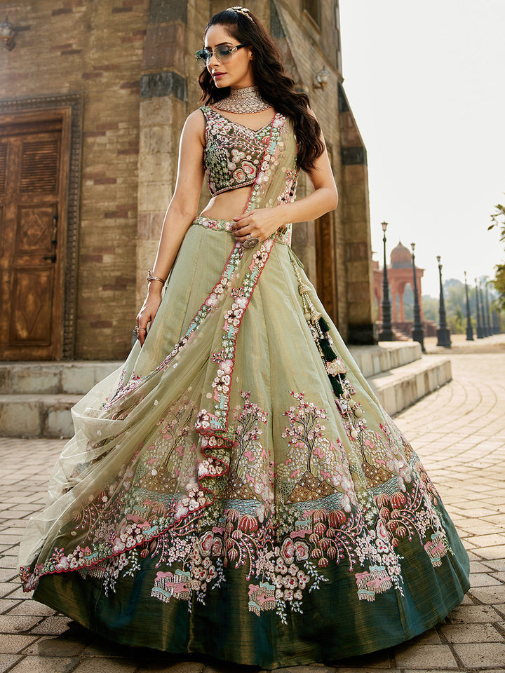 GREEN - Net Sequinse embroidery Semi-Stitched Lehenga choli & Dupatta - qivii