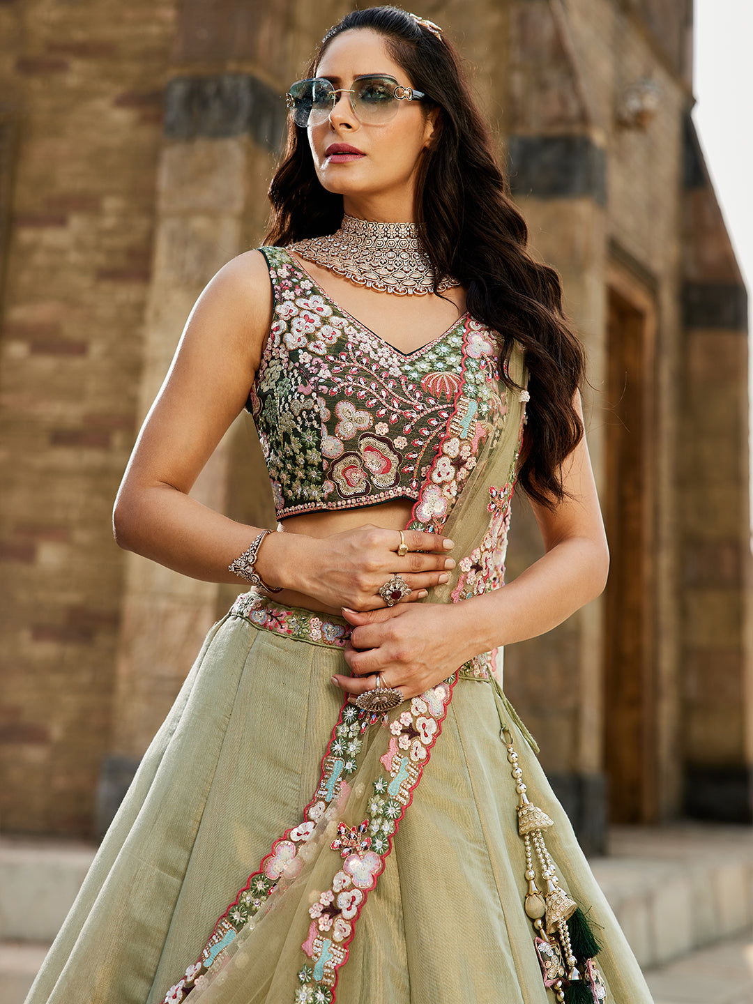GREEN - Net Sequinse embroidery Semi-Stitched Lehenga choli & Dupatta - qivii
