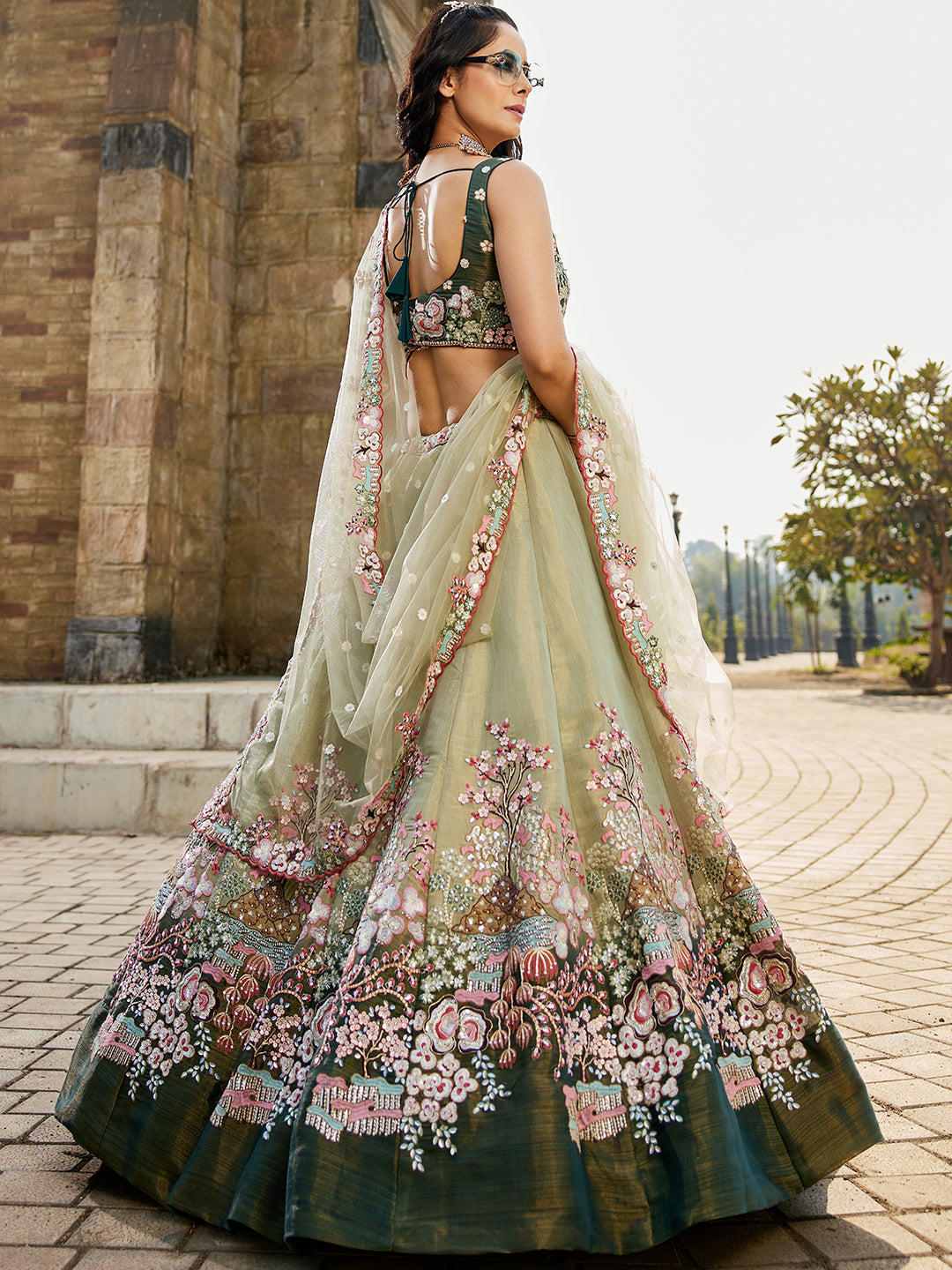 GREEN - Net Sequinse embroidery Semi-Stitched Lehenga choli & Dupatta - qivii