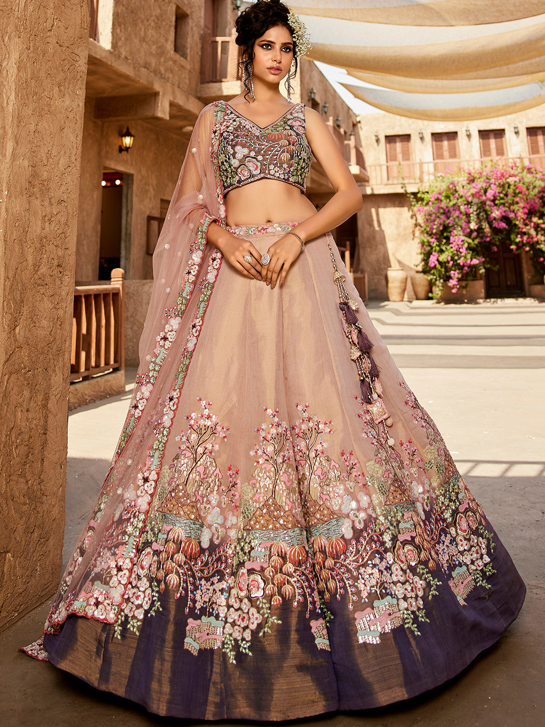 PURPLE - Net Sequinse embroidery Semi-Stitched Lehenga choli & Dupatta - qivii