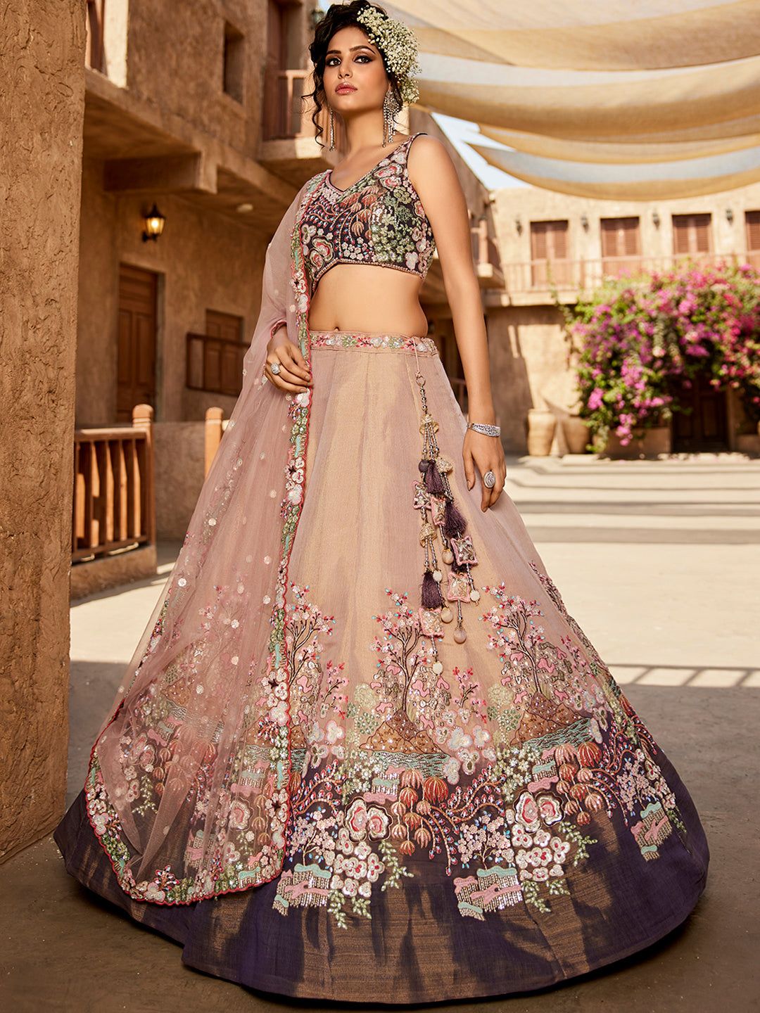 PURPLE - Net Sequinse embroidery Semi-Stitched Lehenga choli & Dupatta - qivii