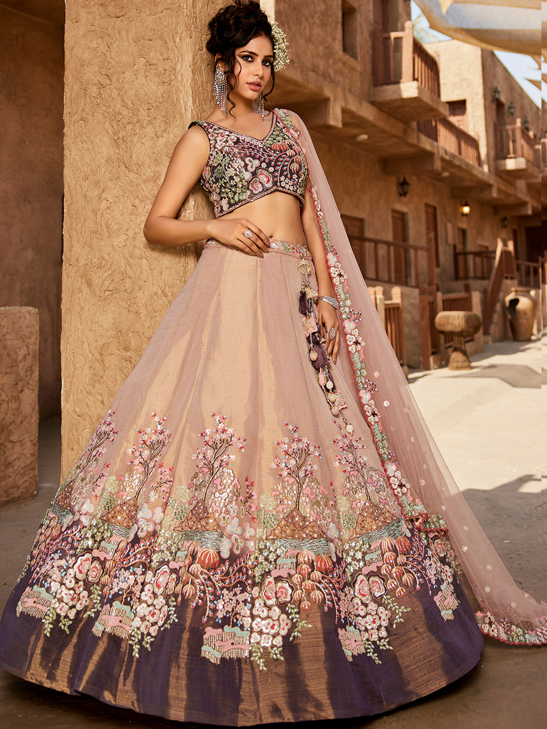 PURPLE - Net Sequinse embroidery Semi-Stitched Lehenga choli & Dupatta - qivii