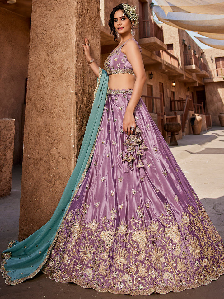 LAVENDER - Satin Silk Fabric Sequins embroidery Semi-Stitched Lehenga choli & Dupatta - qivii