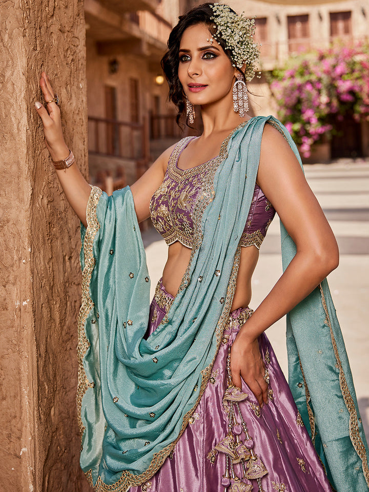 LAVENDER - Satin Silk Fabric Sequins embroidery Semi-Stitched Lehenga choli & Dupatta - qivii