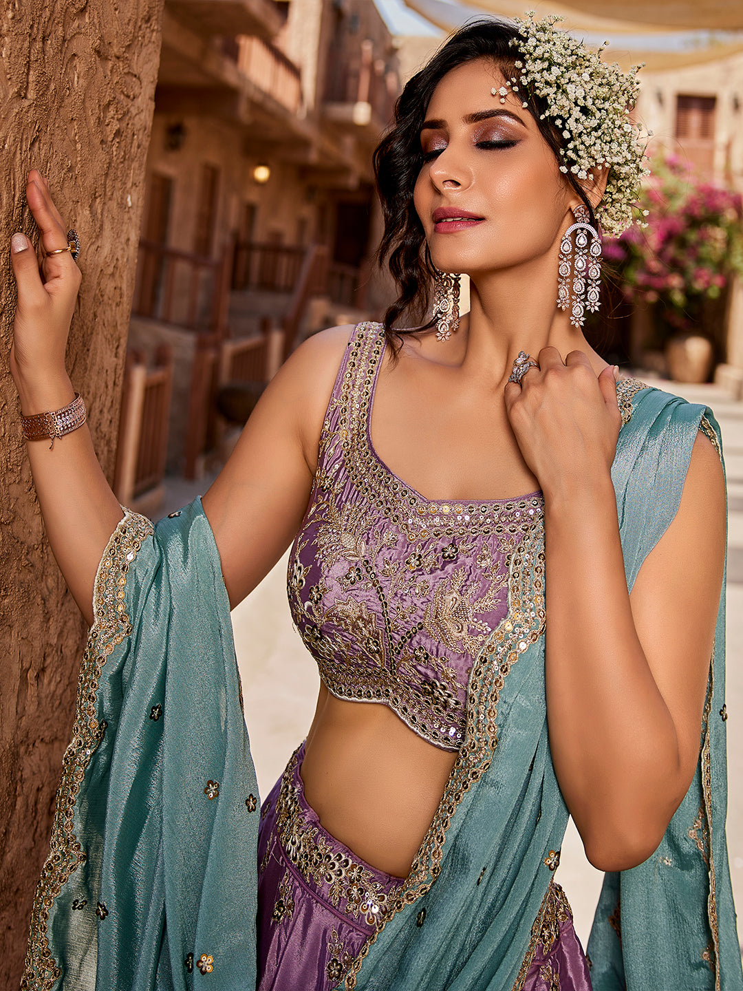 LAVENDER - Satin Silk Fabric Sequins embroidery Semi-Stitched Lehenga choli & Dupatta - qivii