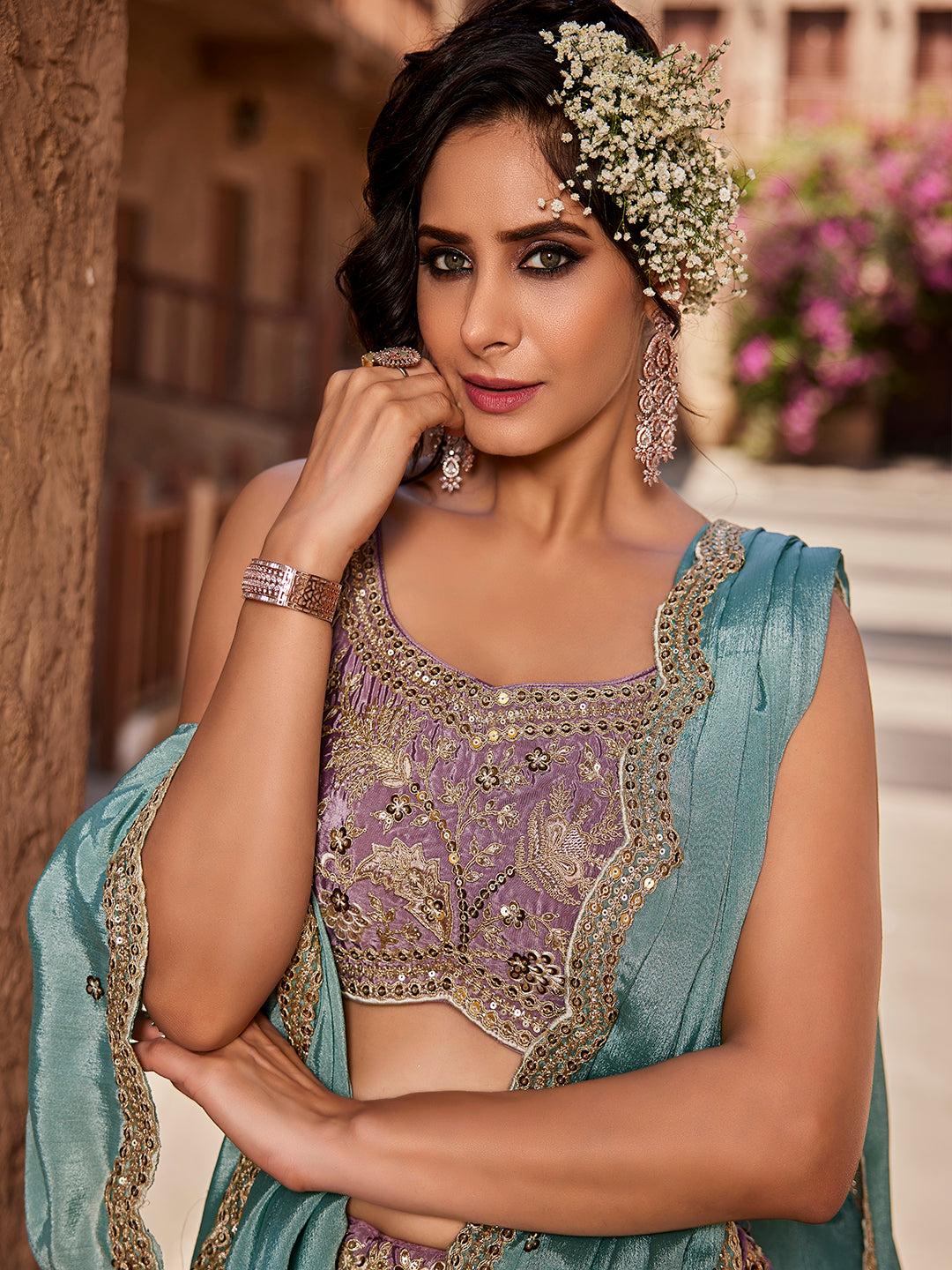 LAVENDER - Satin Silk Fabric Sequins embroidery Semi-Stitched Lehenga choli & Dupatta - qivii