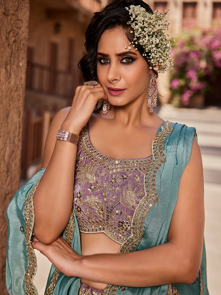 LAVENDER - Satin Silk Fabric Sequins embroidery Semi-Stitched Lehenga choli & Dupatta - qivii