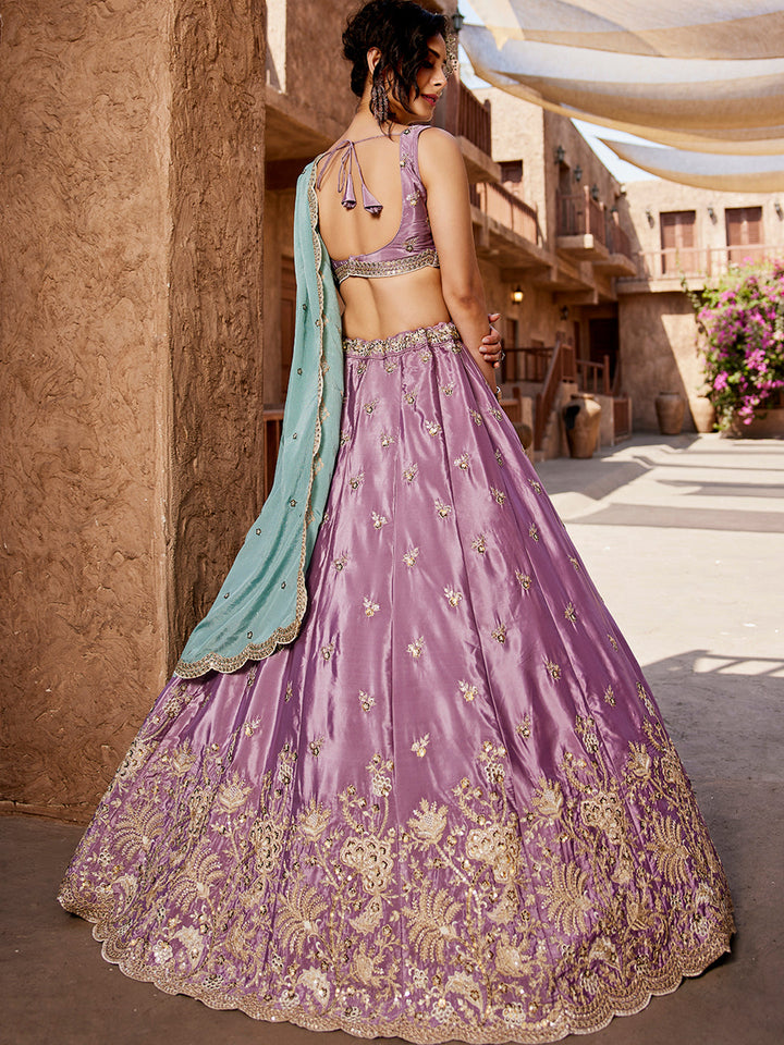 LAVENDER - Satin Silk Fabric Sequins embroidery Semi-Stitched Lehenga choli & Dupatta - qivii