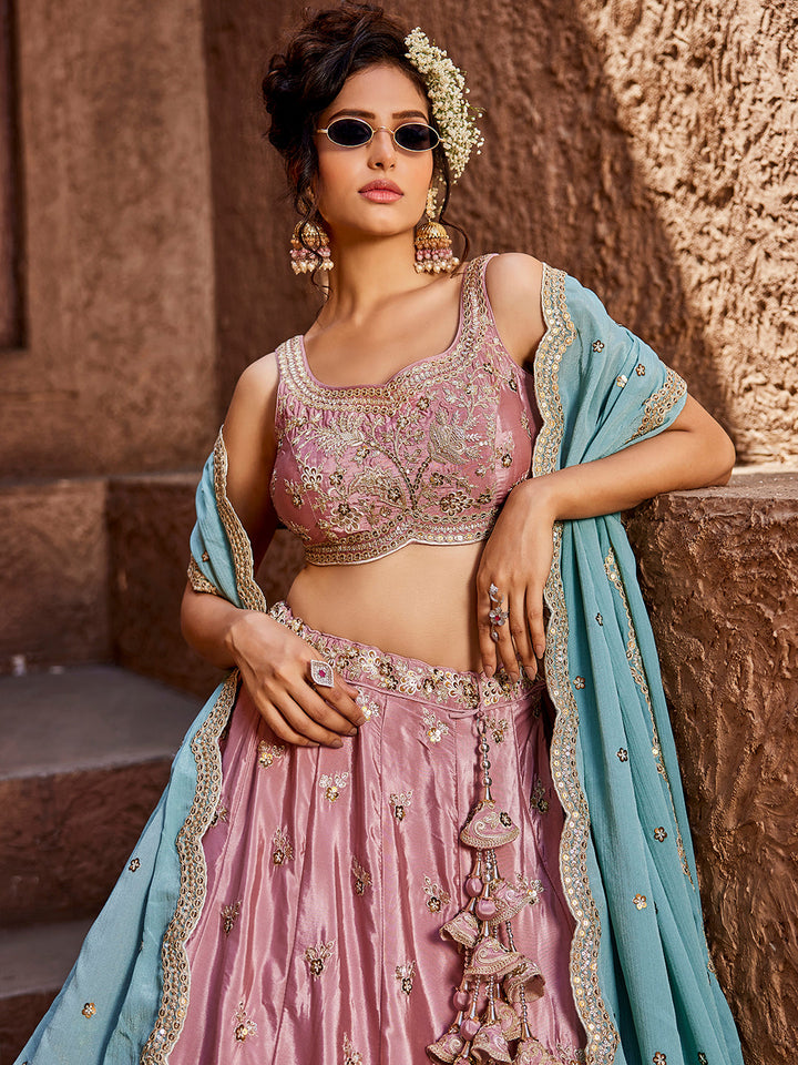 PINK - Satin Silk Fabric Sequins embroidery Semi-Stitched Lehenga choli & Dupatta - qivii