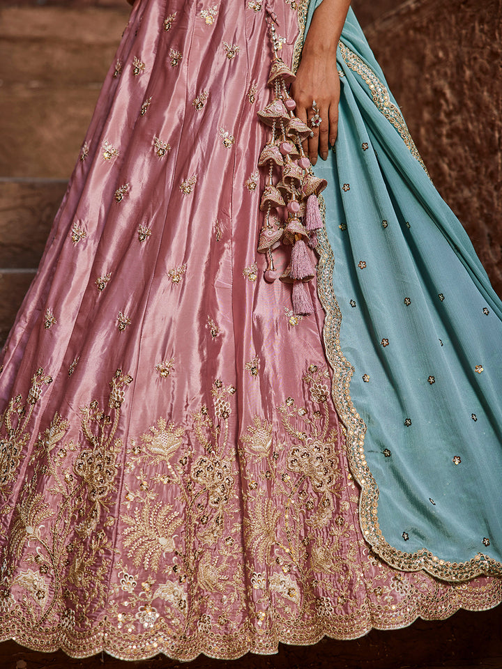 PINK - Satin Silk Fabric Sequins embroidery Semi-Stitched Lehenga choli & Dupatta - qivii