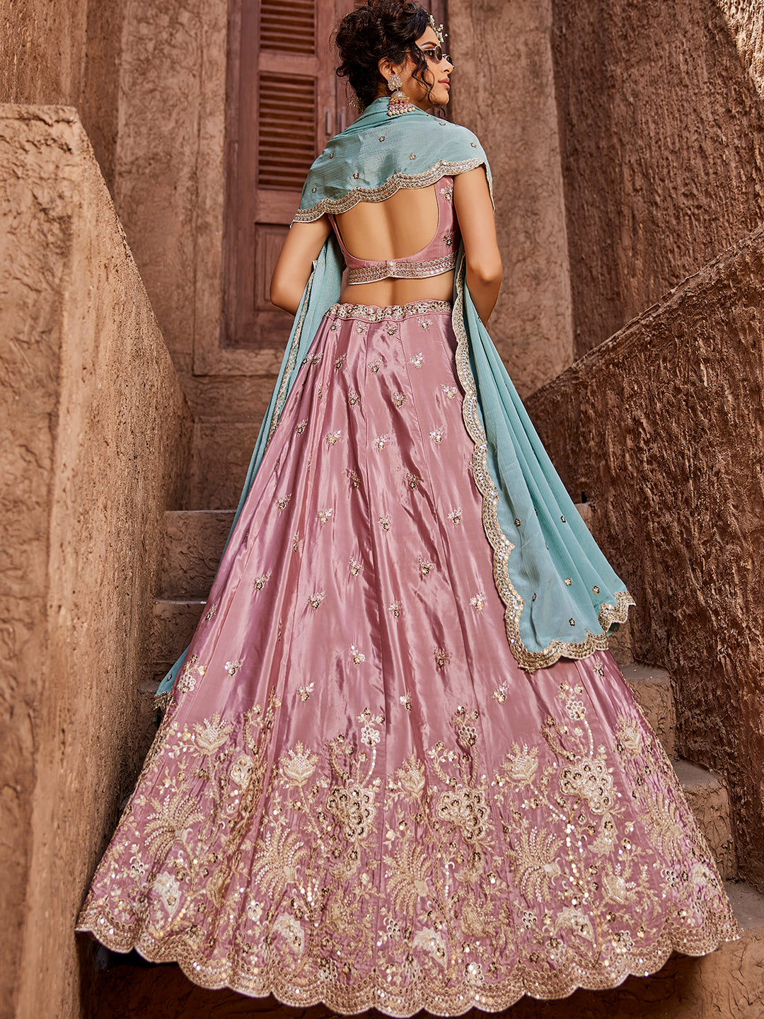 PINK - Satin Silk Fabric Sequins embroidery Semi-Stitched Lehenga choli & Dupatta - qivii