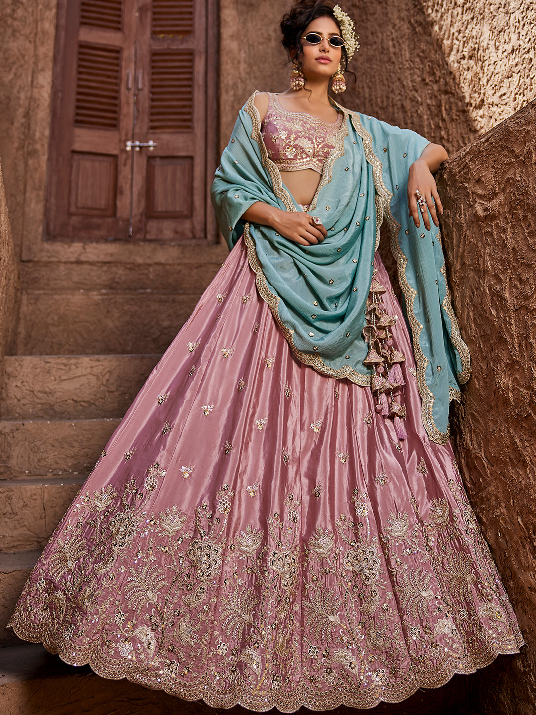 PINK - Satin Silk Fabric Sequins embroidery Semi-Stitched Lehenga choli & Dupatta - qivii
