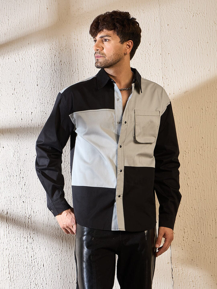 Black & Grey Contrast Panel Oversized Shirt