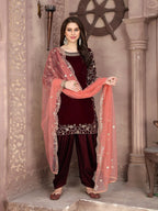 Maroon Velvet Thread & Sequence Embroidery Work Salwar Suit