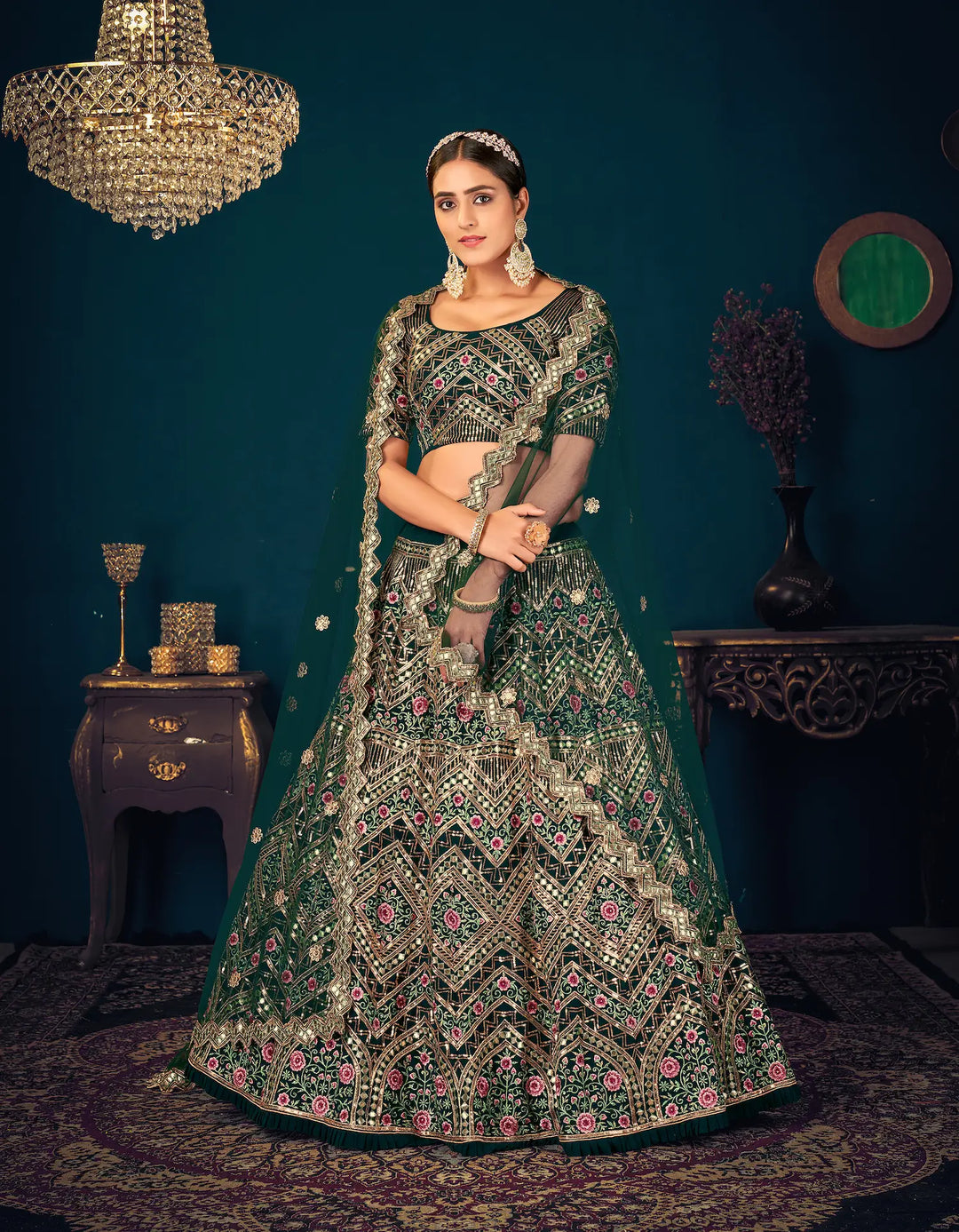 Dark Green Georgette Thread, Sequence & Gota Patti Embroidered Work Lehenga Choli | Ready To Wear - qivii