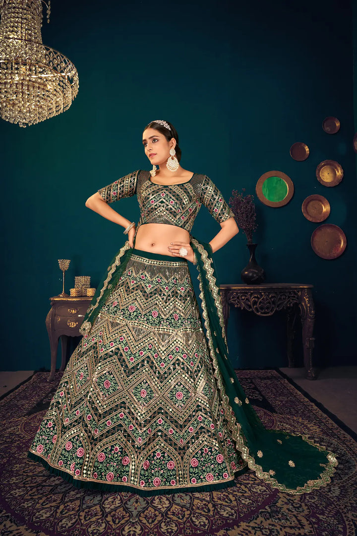 Dark Green Georgette Thread, Sequence & Gota Patti Embroidered Work Lehenga Choli | Ready To Wear - qivii
