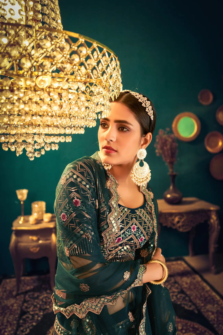 Dark Green Georgette Thread, Sequence & Gota Patti Embroidered Work Lehenga Choli | Ready To Wear - qivii