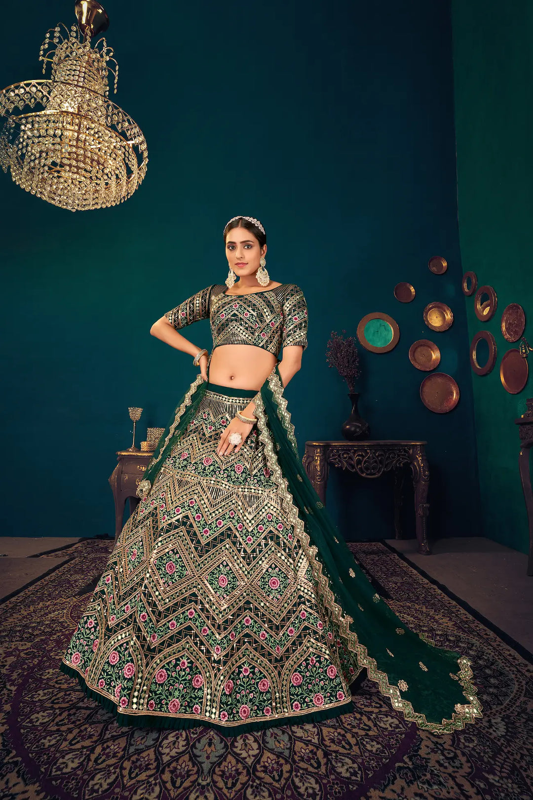 Dark Green Georgette Thread, Sequence & Gota Patti Embroidered Work Lehenga Choli | Ready To Wear - qivii