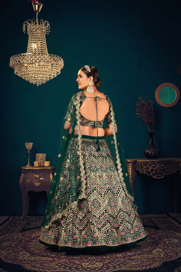 Dark Green Georgette Thread, Sequence & Gota Patti Embroidered Work Lehenga Choli | Ready To Wear - qivii