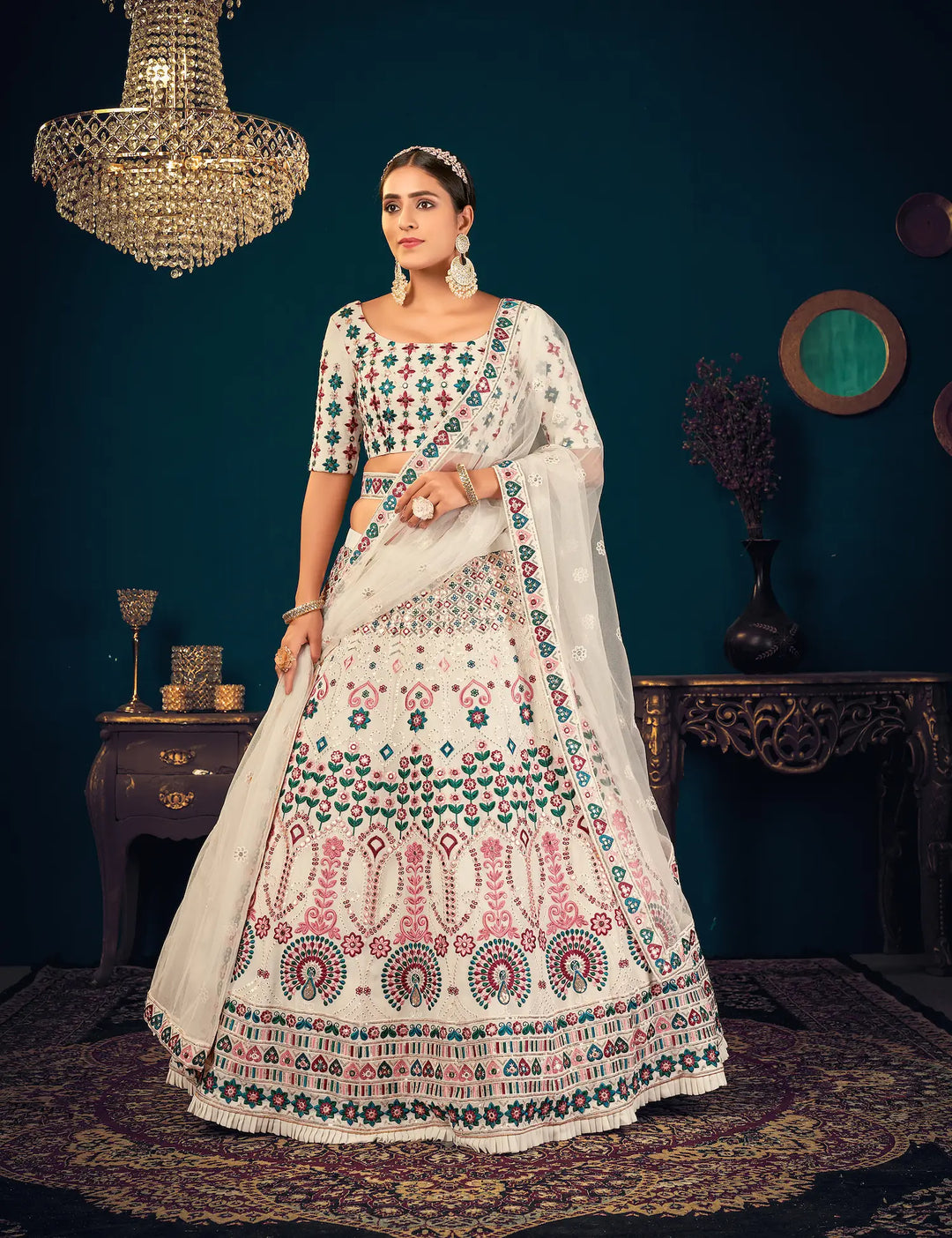 Pearl White Georgette Thread, Sequence & Gota Patti Embroidered Work Lehenga Choli | Ready To Wear - qivii