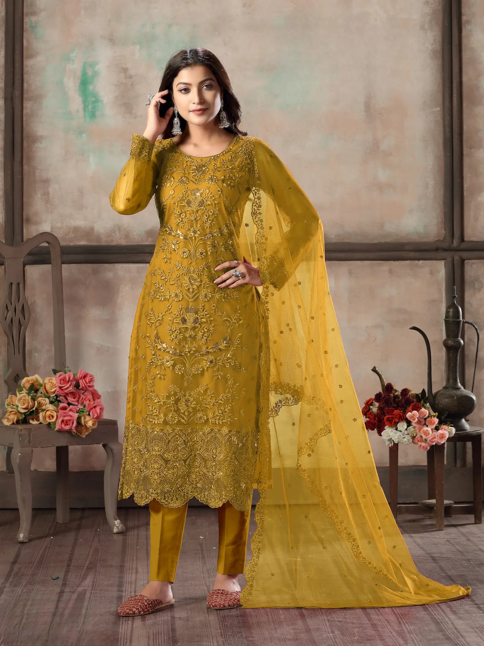 Yellow Net Salwar Suit With Thread & Sequence Embroidery Work