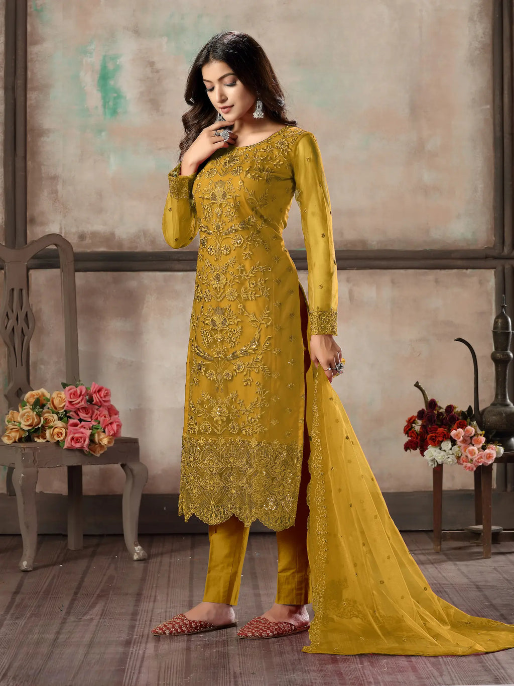 Yellow Net Salwar Suit With Thread & Sequence Embroidery Work