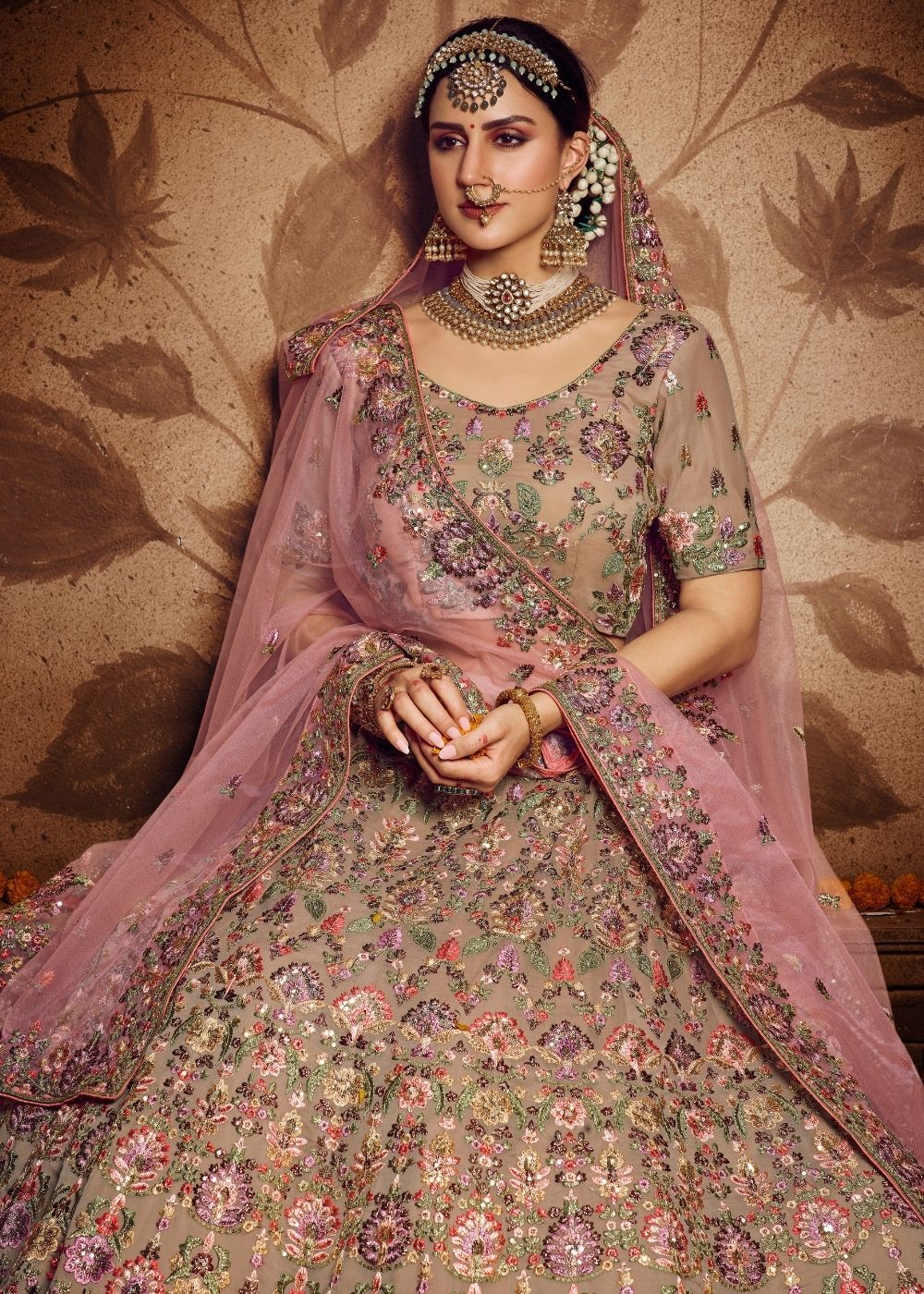 Light Brown Georgette Bridal Lehenga Choli with Resham and Jari Embroidery (Pre-Order) : Top Pick | Ready To Wear - qivii