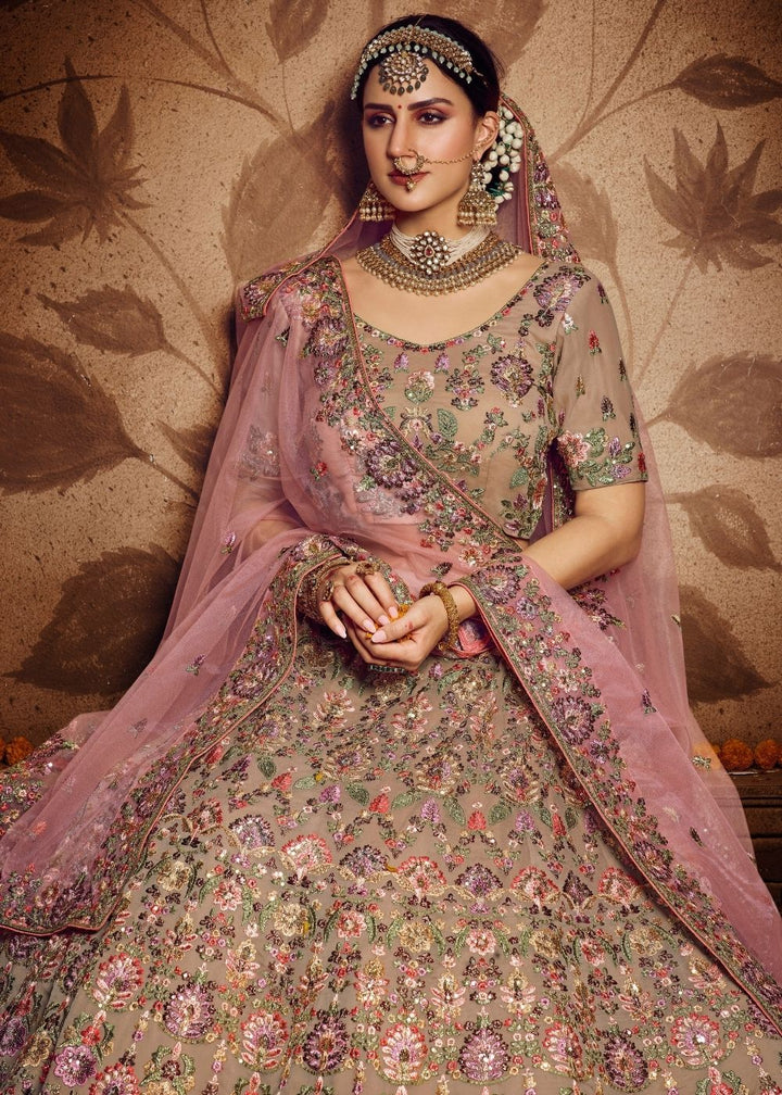 Light Brown Georgette Bridal Lehenga Choli with Resham and Jari Embroidery (Pre-Order) : Top Pick | Ready To Wear - qivii