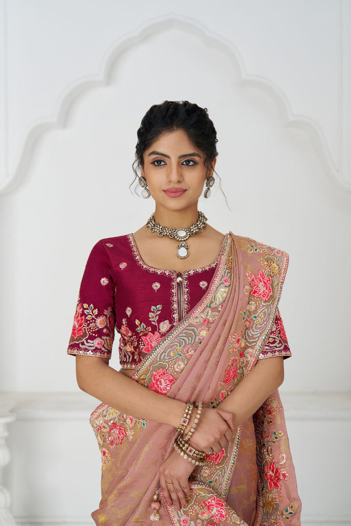 Blushing Mauve: Multi-Thread Embroidered Saree with Floral Elegance - qivii