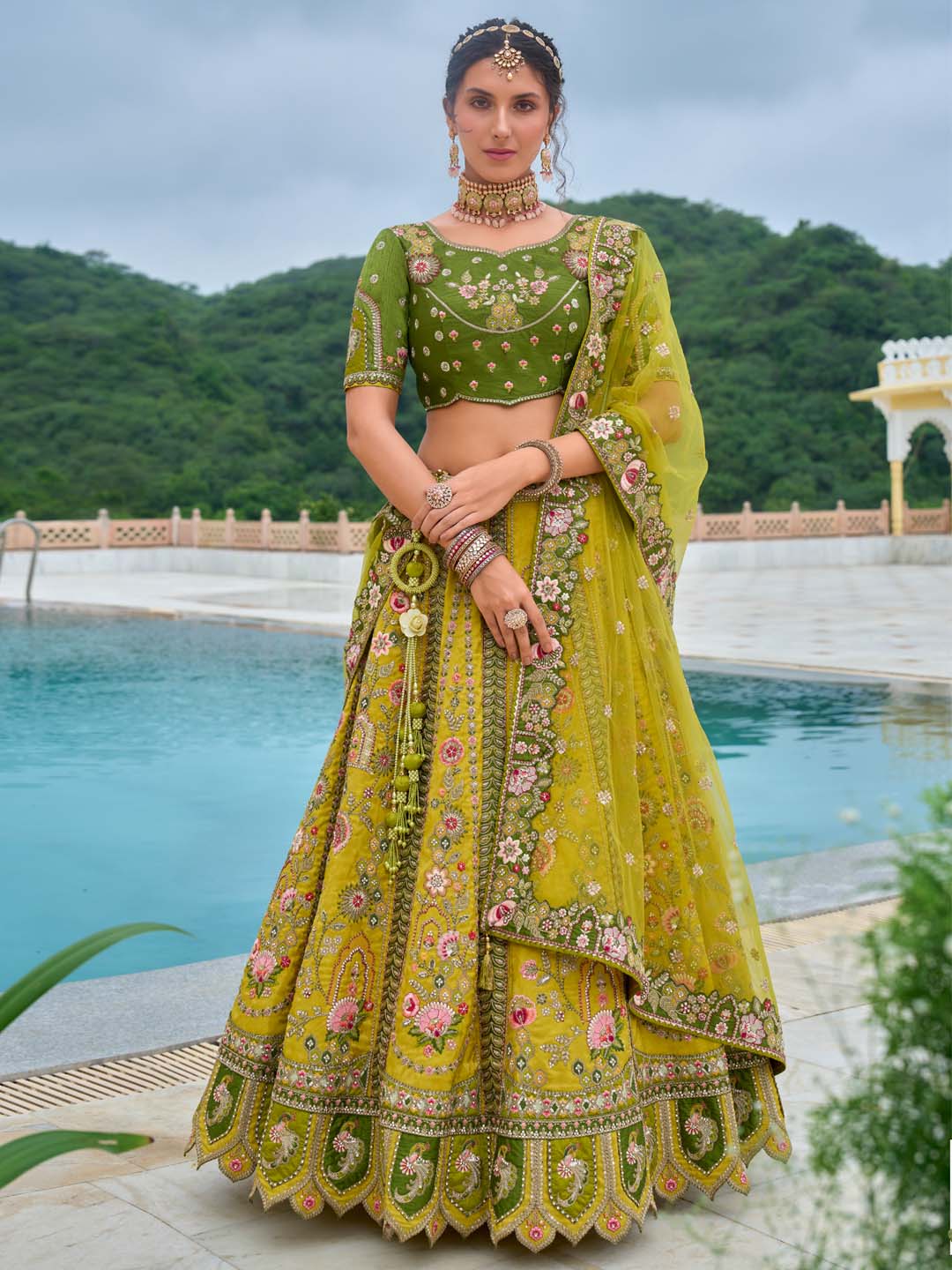 Mehendi-Green Shaded Heavy Designer Embroidered Patchwork Silk Semi Stitched Lehenga Choli - qivii