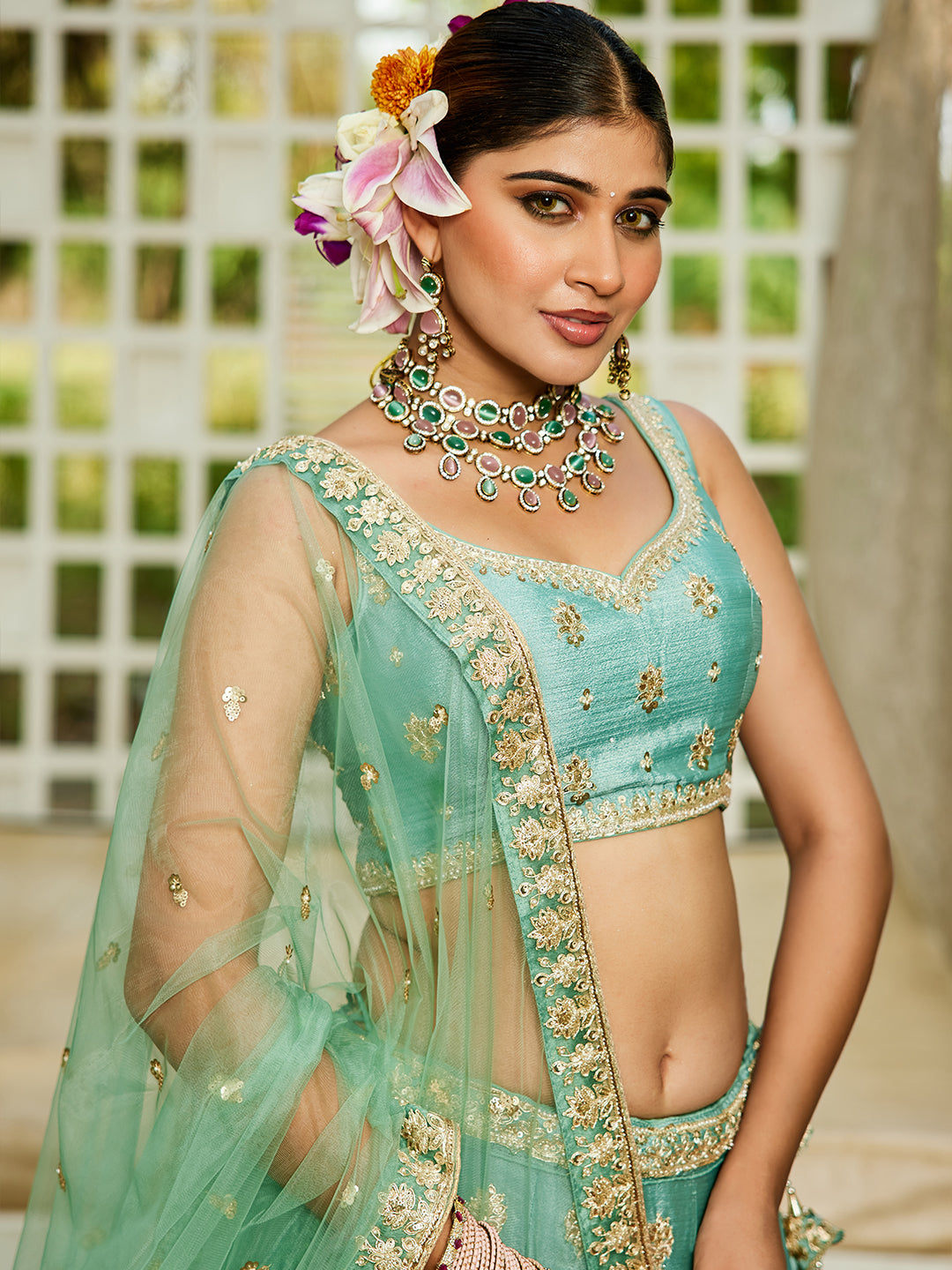 Seagreen - Chinnon Sequinse embroidery Semi-Stitched Lehenga choli & Dupatta - qivii
