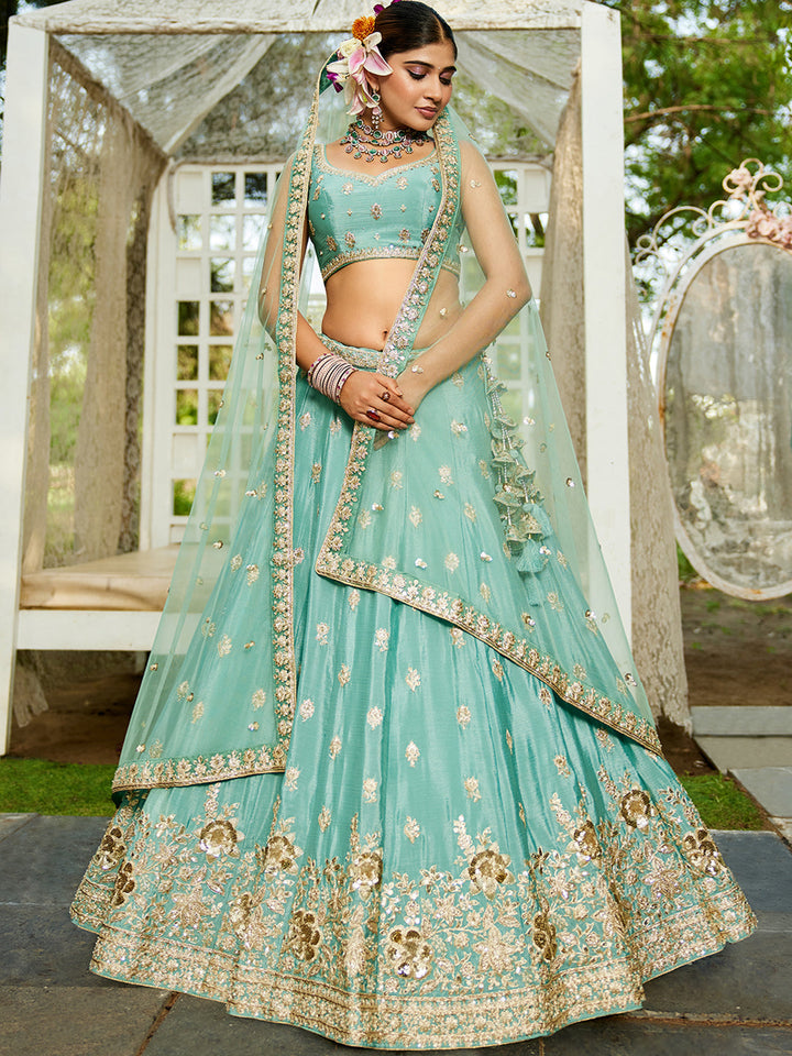 Seagreen - Chinnon Sequinse embroidery Semi-Stitched Lehenga choli & Dupatta - qivii