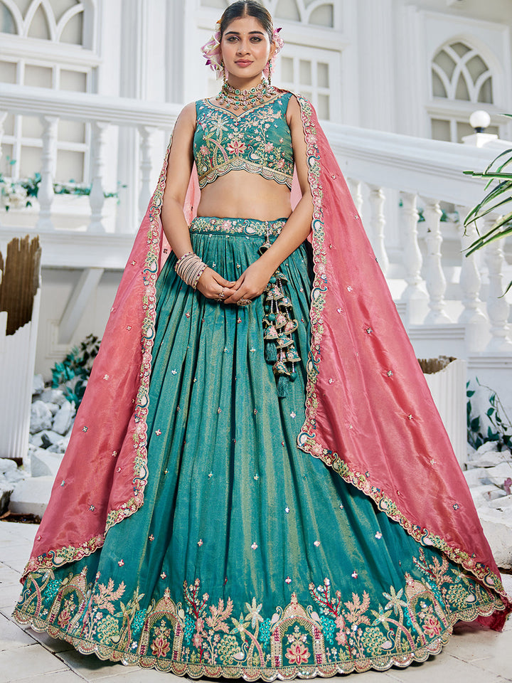 Seagreen - Satin Sequinse embroidery Semi-Stitched Lehenga choli & Dupatta - qivii